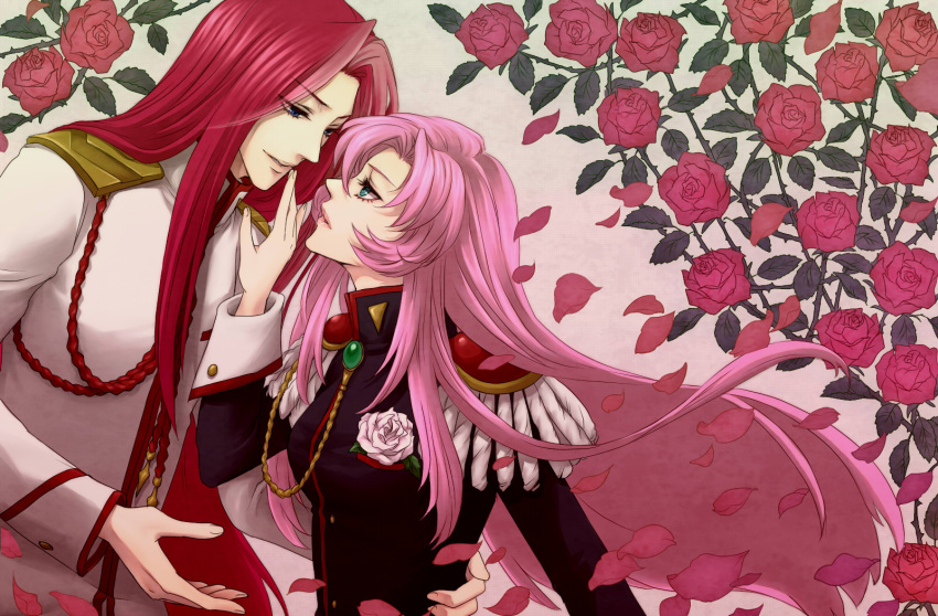 1girl, 35_(sansansanko), absurdres, blue_eyes, couple, epaulettes, eye_contact, flower
