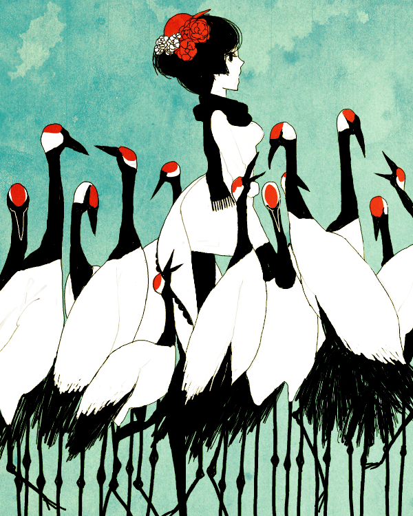 bird, black_eyes, black_hair, crane_(animal), flower, hair_flower, hair_ornament, hasuhashi