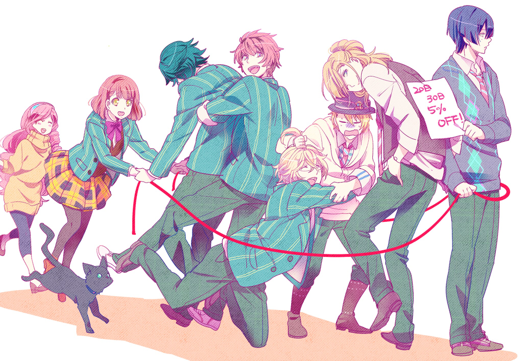 blazer, blonde_hair, blue_hair, blush, cat, closed_eyes, everyone, eyes_closed