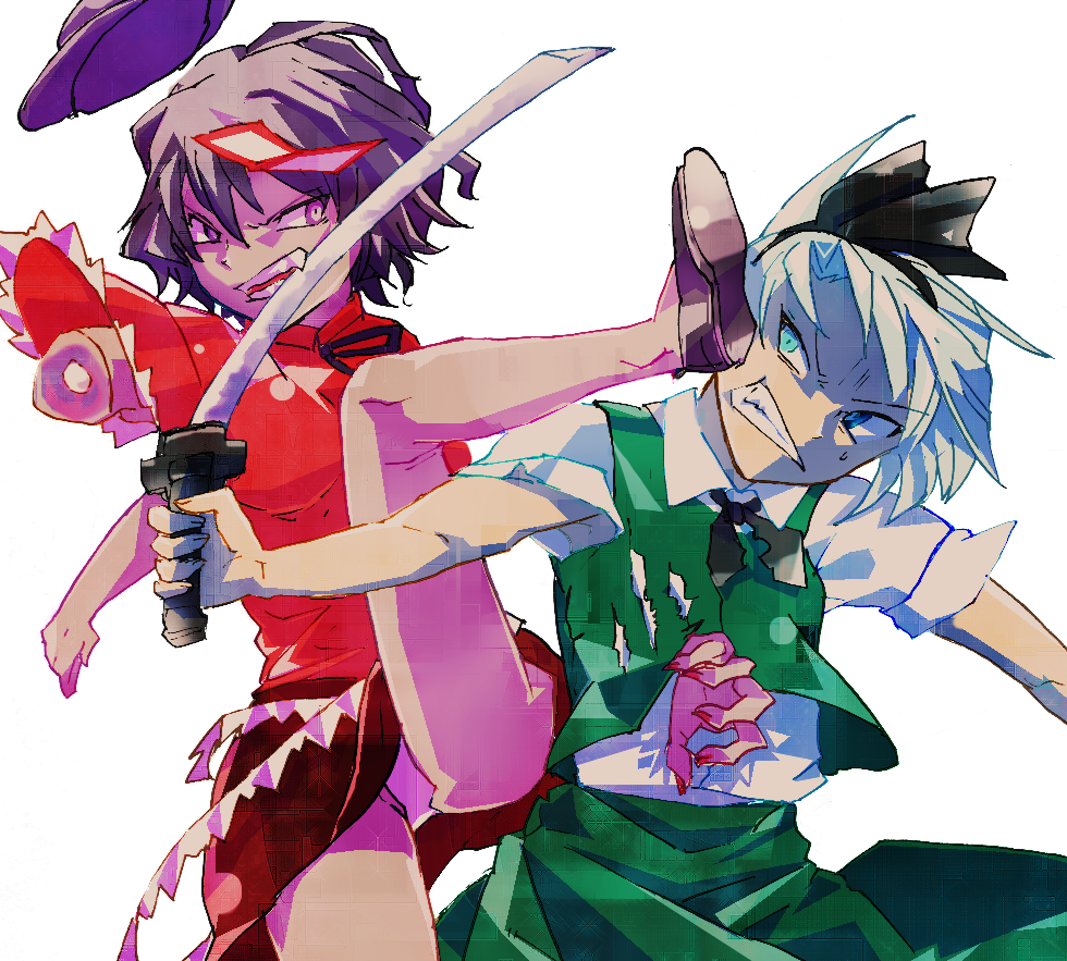 angry, battle, blue_eyes, blue_hair, breasts, clenched_teeth, hair_ribbon, hairband, hand_through_stomach, hat, hat_removed, headwear_removed, impaled, jiangshi, katana, kicking, konpaku_youmu, leg_up, miyako_yoshika, mouth_hold, multiple_girls, ofuda, pale_skin, panties, pantyshot, ribbon, severed_arm, sharp_teeth, short_hair, silver_hair, simple_background, sisenshyo, skirt, sweatdrop, sword, touhou, underwear, upskirt, weapon, white_background