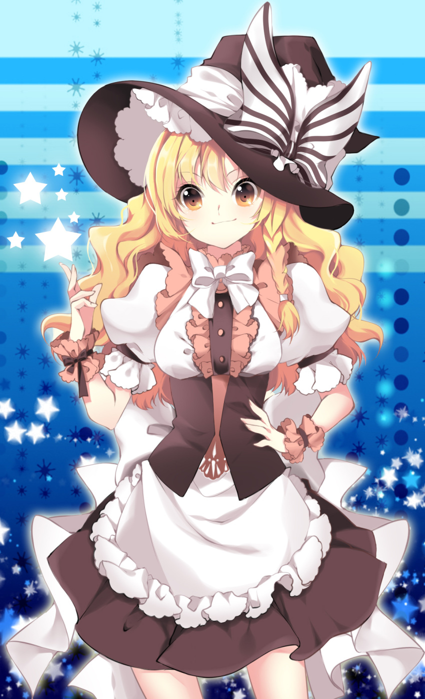 apron, arm_up, blonde_hair, bow, braid, hand_on_hip, hat, hat_ribbon