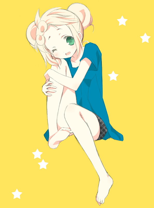 barefoot, blonde_hair, blush, double_bun, feet, green_eyes, hair_bun, leg_up