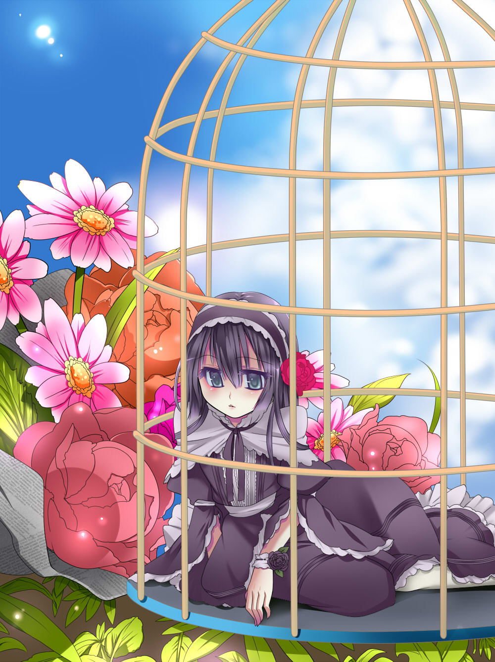 blue_eyes, blush, cage, cloud, dress, flower, hairband, highres