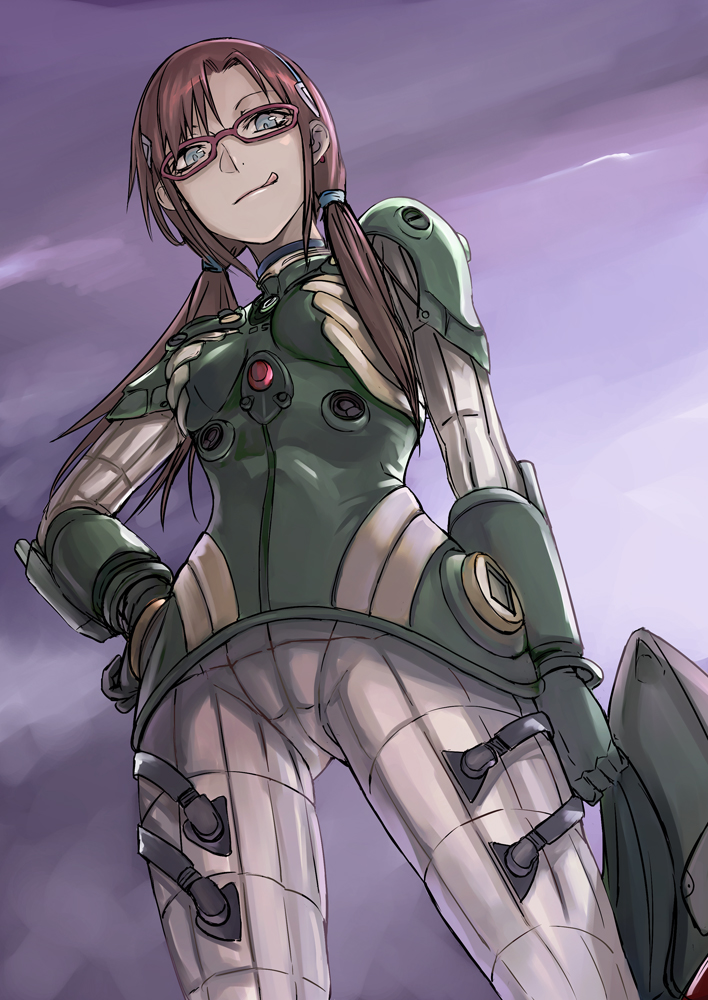 blue_eyes, bodysuit, brown_hair, evangelion:_2.0_you_can_(not)_advance, glasses, hand_on_hip, helmet, hips, licking_lips, looking_at_viewer, looking_down, makinami_mari_illustrious, neon_genesis_evangelion, plugsuit, rebuild_of_evangelion, red-framed_glasses, solo, tea_(artist), test_plugsuit, tongue, twintails