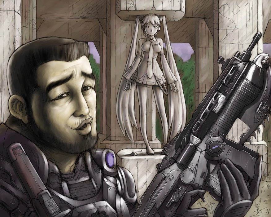 brown_eyes, column, dominic_santiago, face, gears_of_war, gun, hatsune_miku, jeet