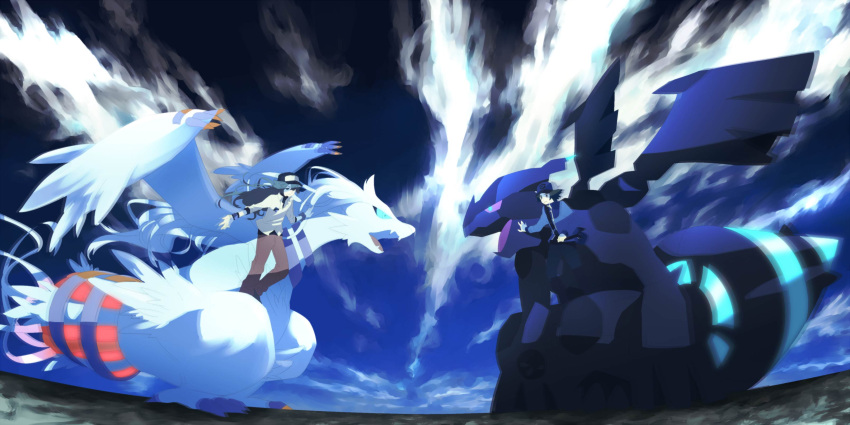 2boys, absurdres, baseball_cap, cloud, epic, hat, highres, jewelry, monochrome, multiple_boys, n_(pokemon), necklace, pokemon, pokemon_(creature), pokemon_(game), pokemon_black_and_white, pokemon_bw, reshiram, sky, smile, tomare_(akashingou), touya_(pokemon), wristband, zekrom