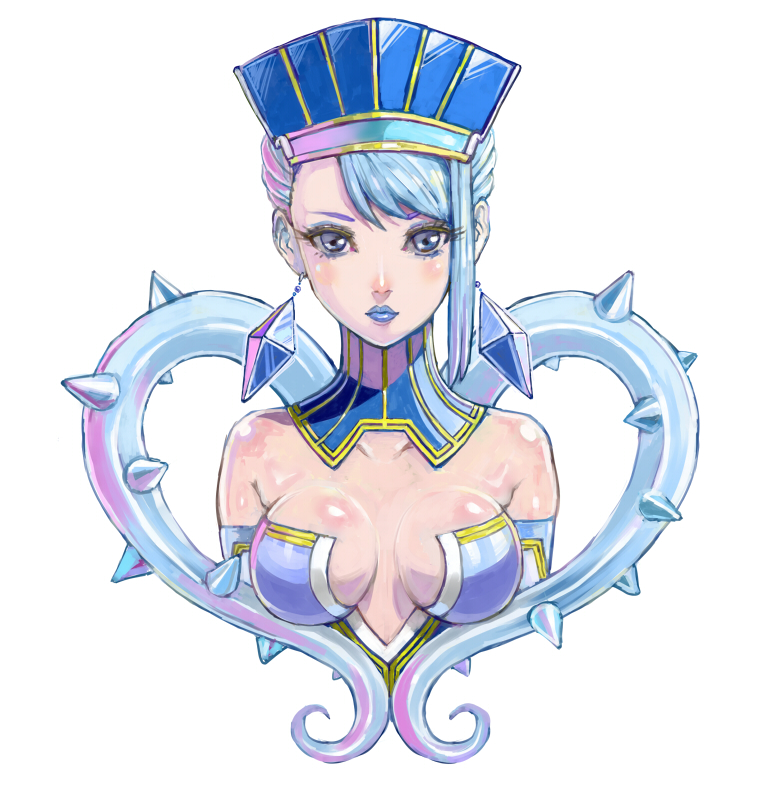 bare_shoulders, blue_eyes, blue_hair, blue_rose_(tiger_&amp;_bunny), breasts, cleavage, earrings, elbow_gloves