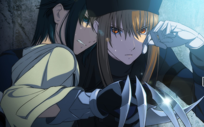 bad_id, blue_hair, brown_eyes, brown_hair, character_request, clenched_teeth, copyright_request, gloves, hat, organette, serious, sweat, weapon, white_gloves