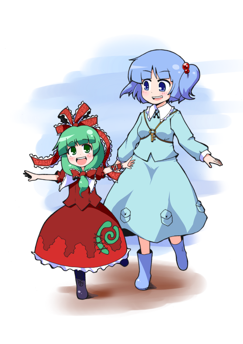 blue_hair, green_eyes, green_hair, kagiyama_hina, kari_(karinimooreha), kawashiro_nitori, touhou, young