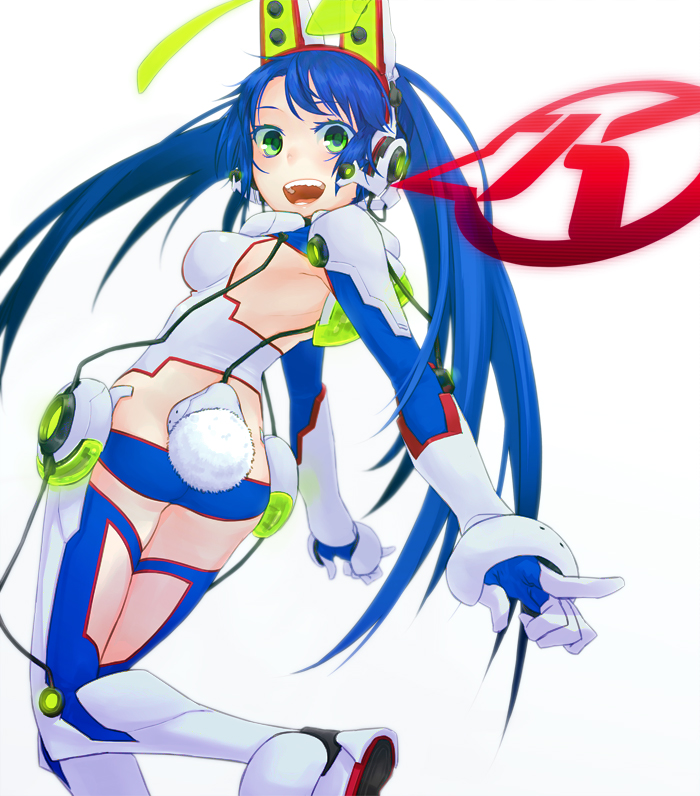 ass, blue_hair, bunny_ears, bunny_tail, gloves, green_eyes, kotaku, kotaku-tan