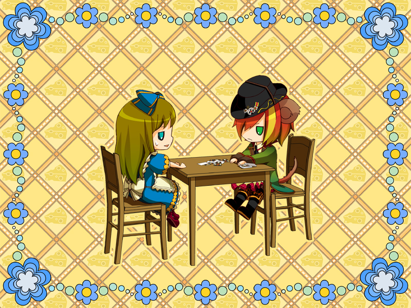 animal_ears, apron, aqua_eyes, badge, blonde_hair, boots, bow, brown_hair