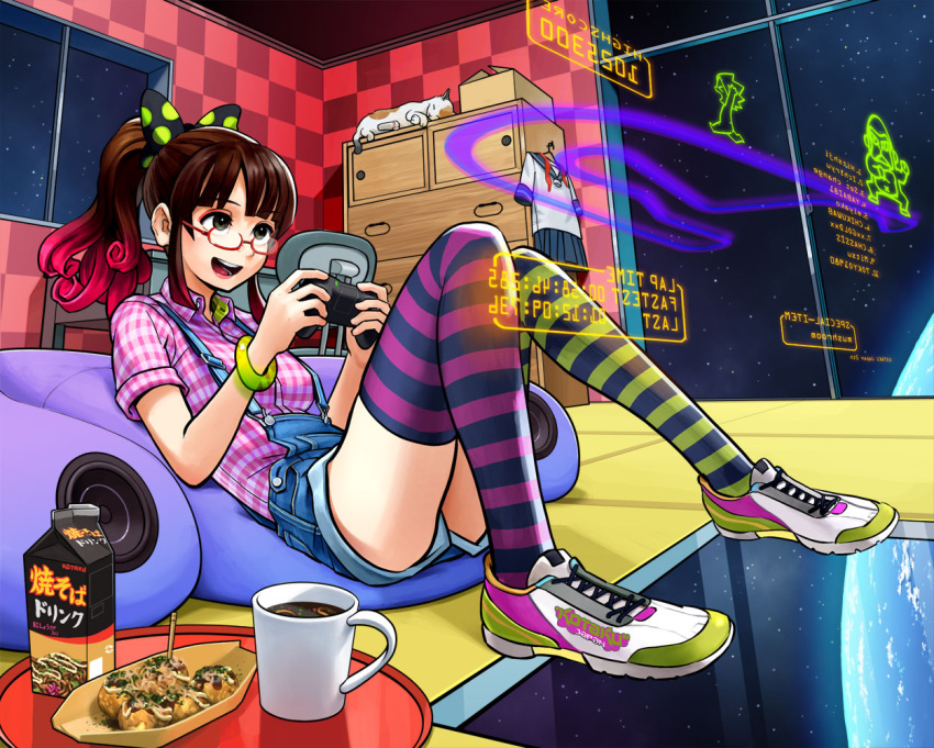 cat, controller, food, glasses, gradient_hair, hologram, juice, kiharatotsunori, kotaku, kotaku-tan, multicolored_hair, original, overalls, pink_hair, playing_games, striped, striped_legwear, striped_thighhighs, takoyaki, thigh-highs, thighhighs