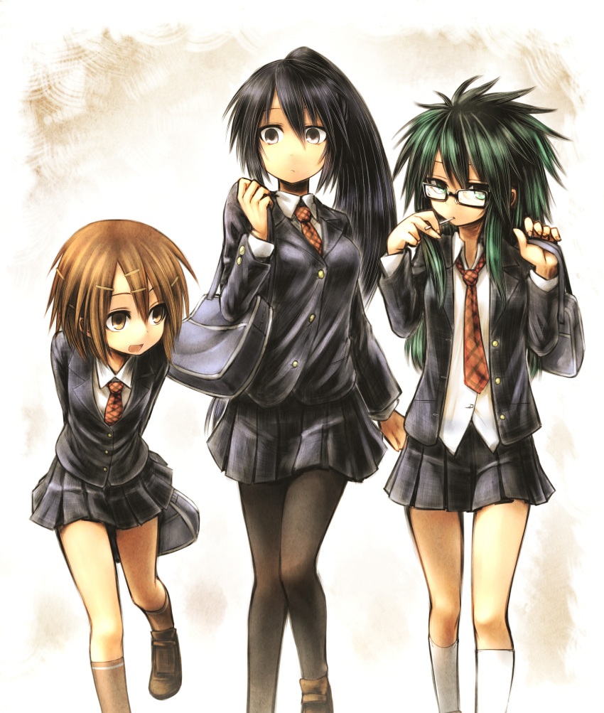 absurdres, arms_behind_back, ayakashi_banashi, bag, black_eyes, black_hair, black_legwear, brown_eyes, brown_hair, brown_legwear, candy, chankodining, chankodining_waka, glasses, green_eyes, green_hair, hair_ornament, hairclip, highres, himura_akari, inukai_nao, kneehighs, leaning_forward, lollipop, long_hair, looking_at_viewer, multiple_girls, necktie, open_mouth, original, pantyhose, pleated_skirt, ponytail, school_uniform, shinonome_shinobu, shoes, short_hair, shoulder_bag, skirt, unbuttoned, white_legwear