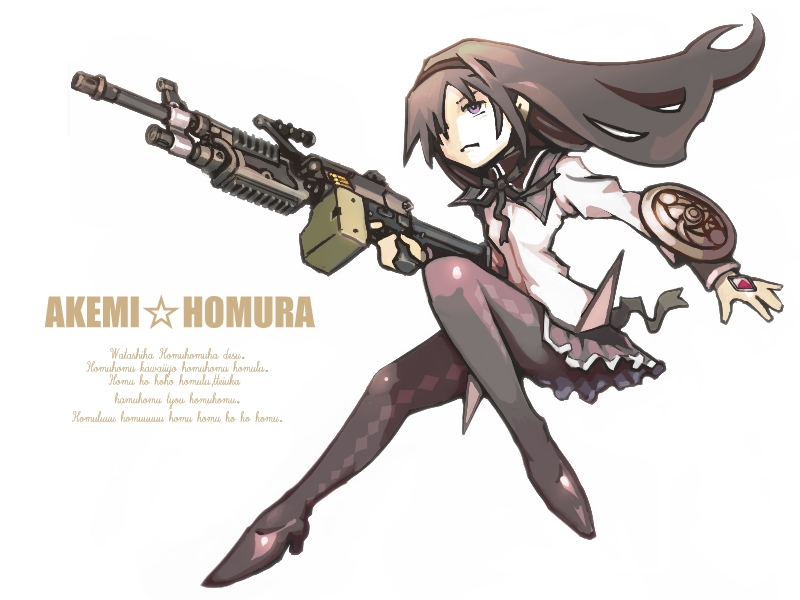 argyle, argyle_legwear, black_hair, black_legwear, capelet, gun, hairband, high_heels