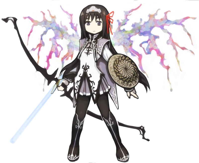 adapted_costume, akemi_homura, black_hair, black_legwear, bow_(weapon), cape, hair_ribbon, kiarino, long_hair, magical_girl, mahou_shoujo_madoka_magica, no_nose, object_on_head, panties, panties_on_head, pantyhose, pleated_skirt, ribbon, shield, simple_background, skirt, solo, spoilers, tiara, underwear, weapon, white_background, wings