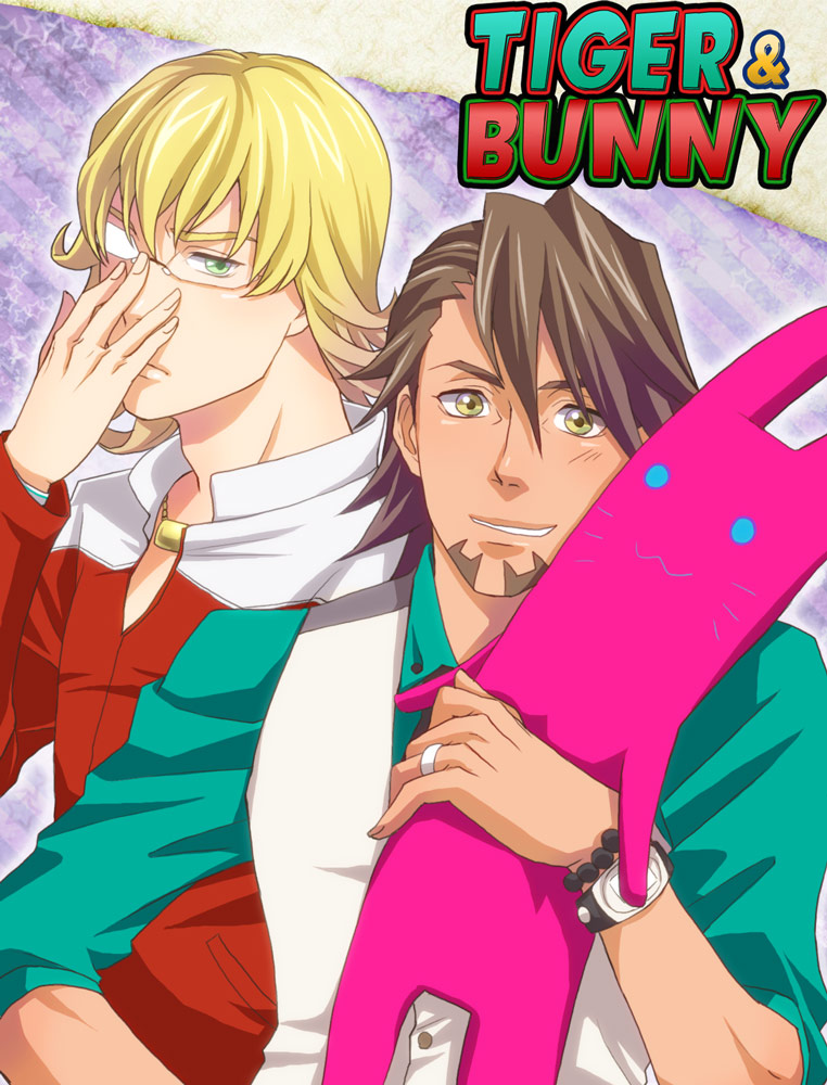 adjusting_glasses, barnaby_brooks_jr, blonde_hair, bracelet, brown_eyes, brown_hair, buna-shimeji_(lemon), facial_hair