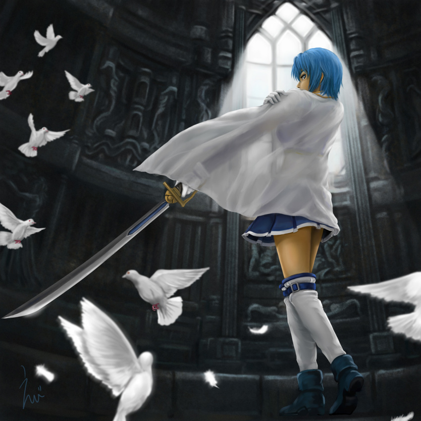 back, bird, blue_eyes, blue_hair, cape, dove, eeotoko, highres, looking_back, magical_girl, mahou_shoujo_madoka_magica, miki_sayaka, pigeon, see-through, short_hair, solo, sword, weapon