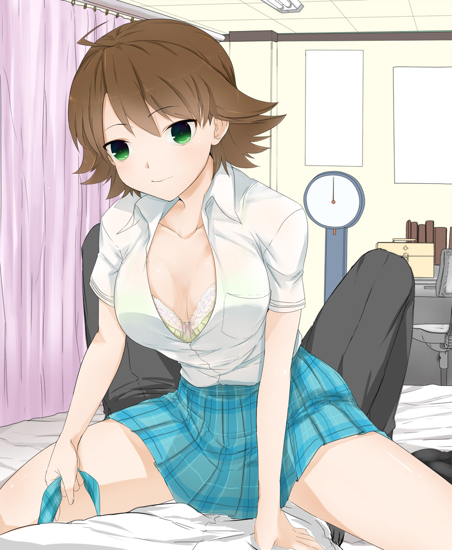 ahoge, awakened_miki, bad_id, bra, brown_hair, collarbone, girl_on_top, green_eyes, hoshii_miki, idolmaster, lingerie, minazuki_randoseru, open_clothes, open_shirt, plaid, plaid_skirt, rough_time_school, shirt, short_hair, skirt, solo, straddle, underwear