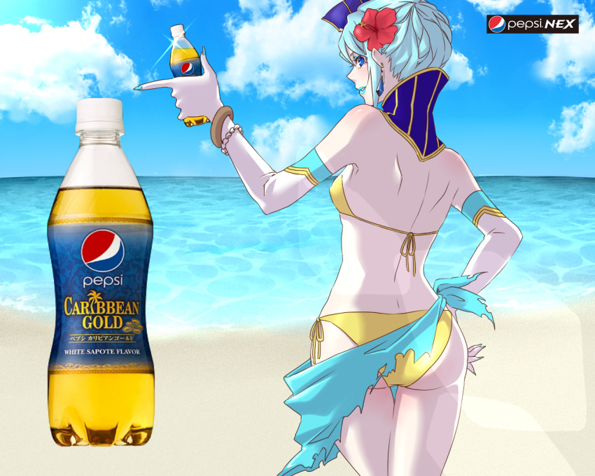 ass, bare_shoulders, beach, bikini, blue_eyes, blue_hair, blue_rose_(tiger_&amp;_bunny), bracelet