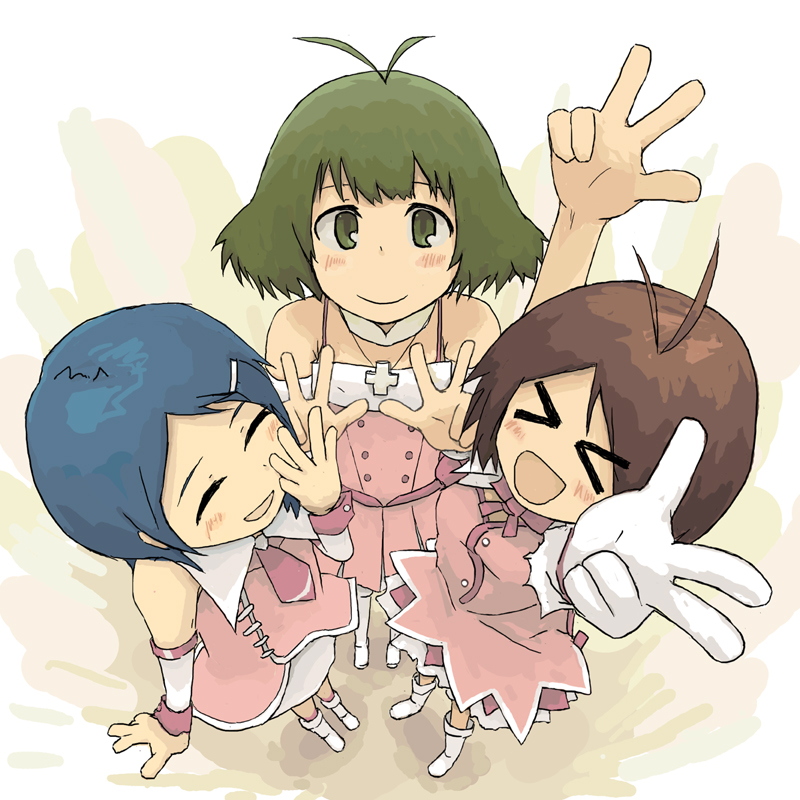 akizuki_ryou, antenna_hair, bare_shoulders, blue_hair, closed_eyes, cross, crossdressinging, cute_&amp;_girly_(idolmaster)