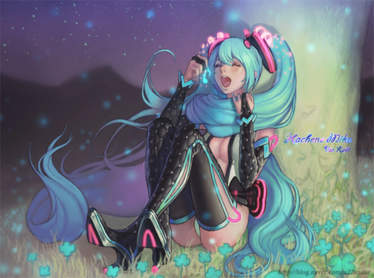 aqua_eyes, black_legwear, blush, boots, breasts, bridal_gauntlets, cleavage, closed_eyes