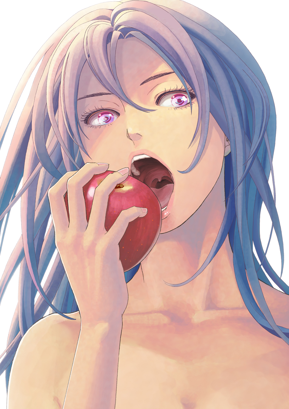 bare_shoulders, collarbone, face, food, fruit, hands, highres, holding