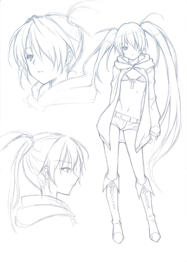 bikini_top, black_rock_shooter, black_rock_shooter_(character), boots, character_sheet, cross-laced_footwear, expressionless, face