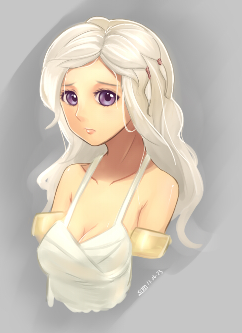 a_song_of_ice_and_fire, armlet, bare_shoulders, blush, breasts, bust, cleavage, daenerys_targaryen