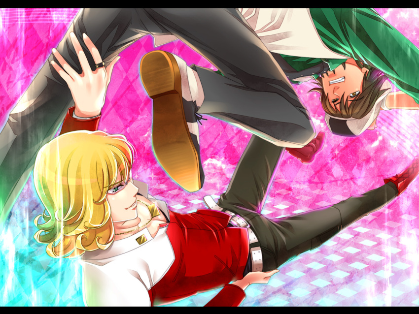 bad_id, barnaby_brooks_jr, belt, blonde_hair, boots, brown_eyes, brown_hair, cabbie_hat, facial_hair, floating, glasses, green_eyes, hat, jacket, jewelry, kaburagi_t_kotetsu, letterboxed, male, multiple_boys, nachicoco, necklace, red_jacket, ring, short_hair, stubble, studded_belt, tiger_&amp;_bunny, vest, waistcoat