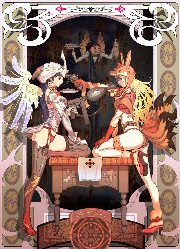 aesop's_fables, aesop's_fables, animal_hat, at_gunpoint, belt, black_legwear, blonde_hair, blue_eyes