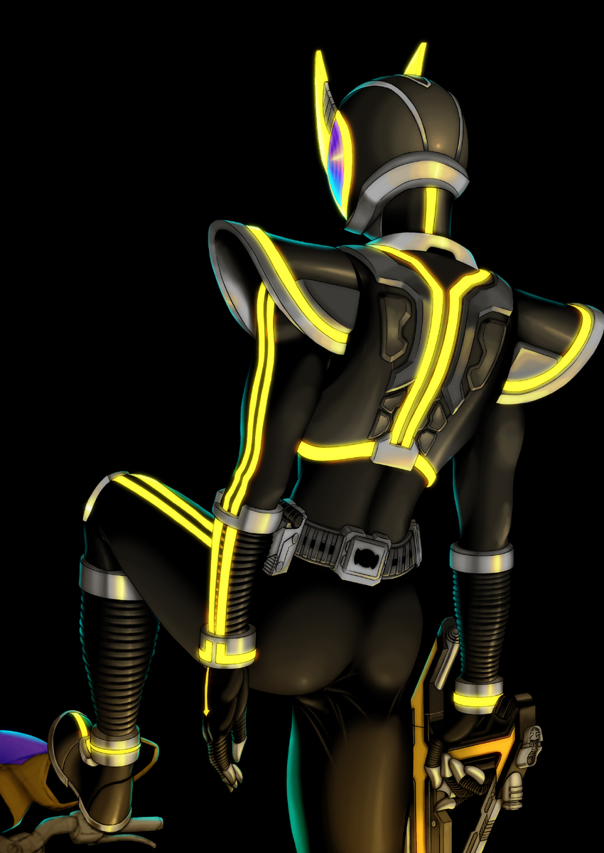 ass, back, belt, from_behind, glowing, gun, highres, kamen_rider, kamen_rider_555, kamen_rider_kaixa, skin_tight, solaris, solo, weapon
