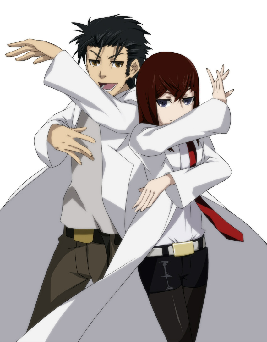 1boy, 1girl, blue_eyes, brown_hair, facial_hair, fuyugasumi, highres, labcoat