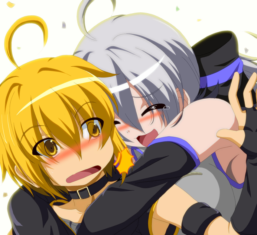1girl, 2girls, ahoge, akita_nero, akita_neru, armpits, arms_around_neck, blonde_hair, blush, bow, choker, closed_eyes, detached_sleeves, dr._cryptoso, eyes_closed, hair_bow, multiple_girls, open_mouth, ponytail, side_ponytail, silver_hair, tears, vocaloid, voyakiloid, yellow_eyes, yowane_haku