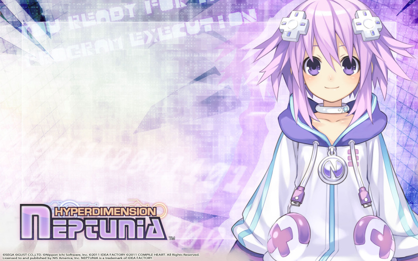 1girl, gust_(neptune_series), hyperdimension_neptunia, logo, neptune_(choujigen_game_neptune), purple_hair, short_hair, tsunako