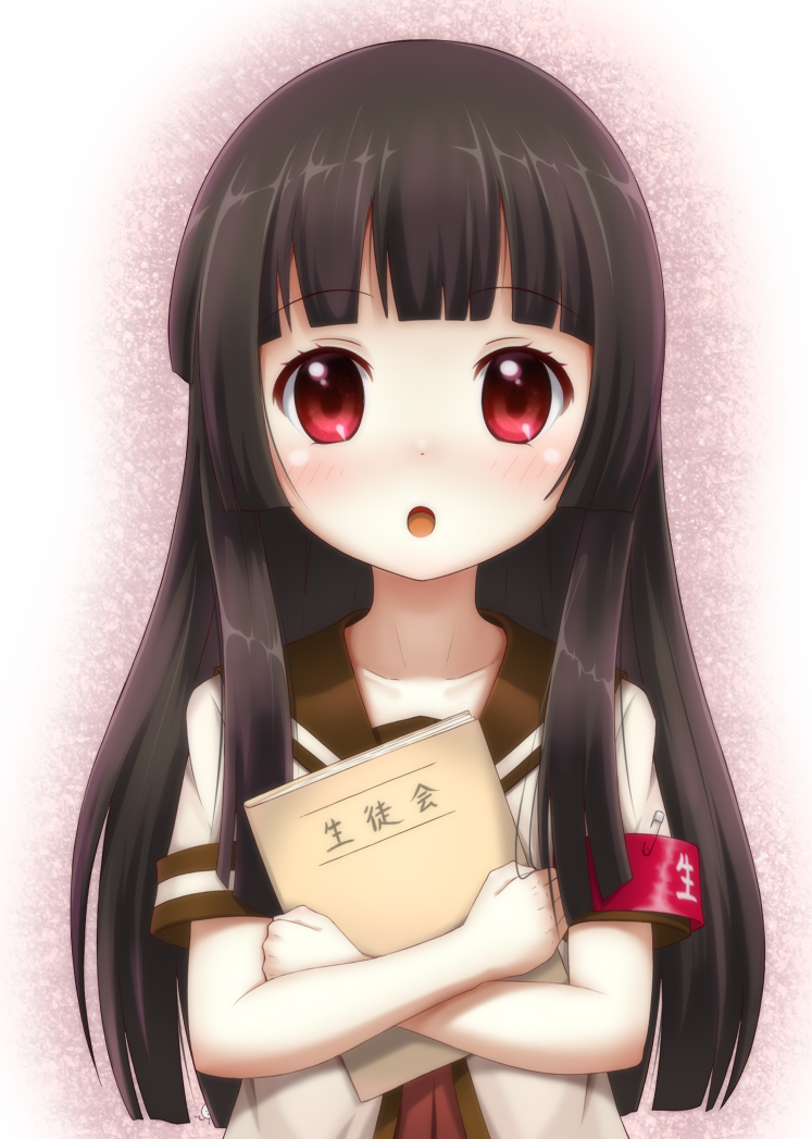 black_hair, crossed_arms, hime_cut, long_hair, looking_at_viewer, matsumoto_rise, mount_whip, notebook