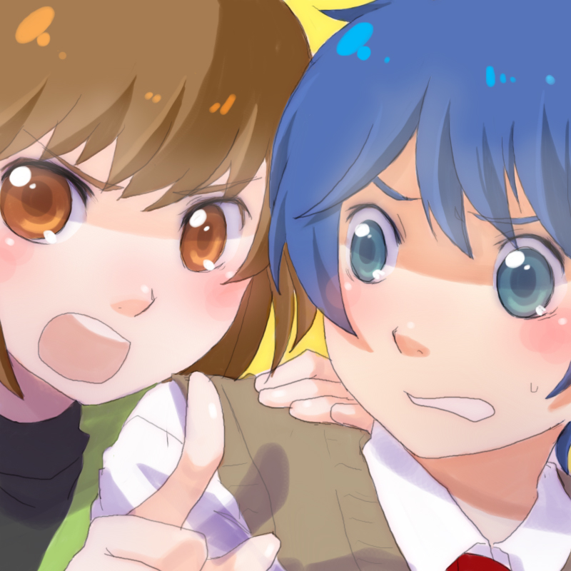 blue_eyes, blue_hair, bob_cut, brown_eyes, brown_hair, mawaru_penguindrum, oginome_ringo, open_mouth