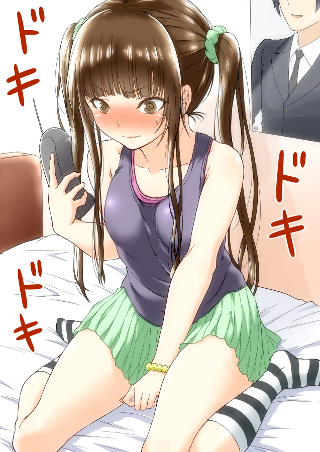 alternate_hairstyle, amagami, bare_shoulders, between_legs, blush, breasts, brown_eyes, brown_hair, cordless_phone, hand_between_legs, kamizaki_risa, kneeling, long_hair, on_bed, phone, pleated_skirt, poster, poster_(object), shouji_2, skirt, solo, striped, striped_legwear, striped_socks, sweat, tank_top, translated, twintails