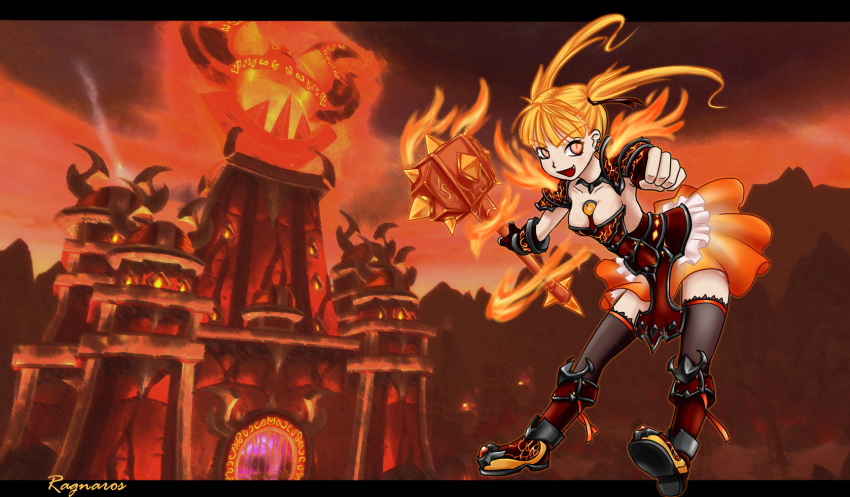 blonde_hair, fang, fingerless_gloves, fire, flame, gloves, glowing, glowing_eyes, highres, nam_(valckiry), pauldron, pauldrons, personification, ragnaros, red_eyes, slit_pupils, thigh-highs, thighhighs, twintails, warcraft, warhammer, weapon, world_of_warcraft, zettai_ryouiki