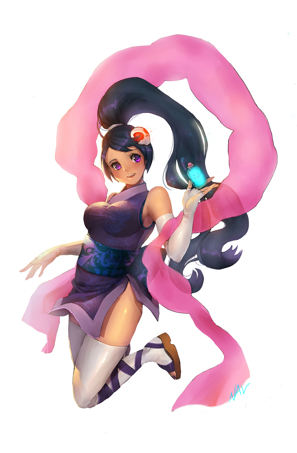 black_hair, bottle, breasts, elbow_gloves, elsea_de_lute_irma, fingerless_gloves, gloves, hagoromo