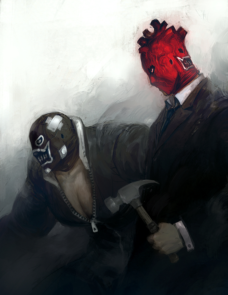1girl, breasts, cleavage, dorohedoro, formal, hammer, mask, necktie