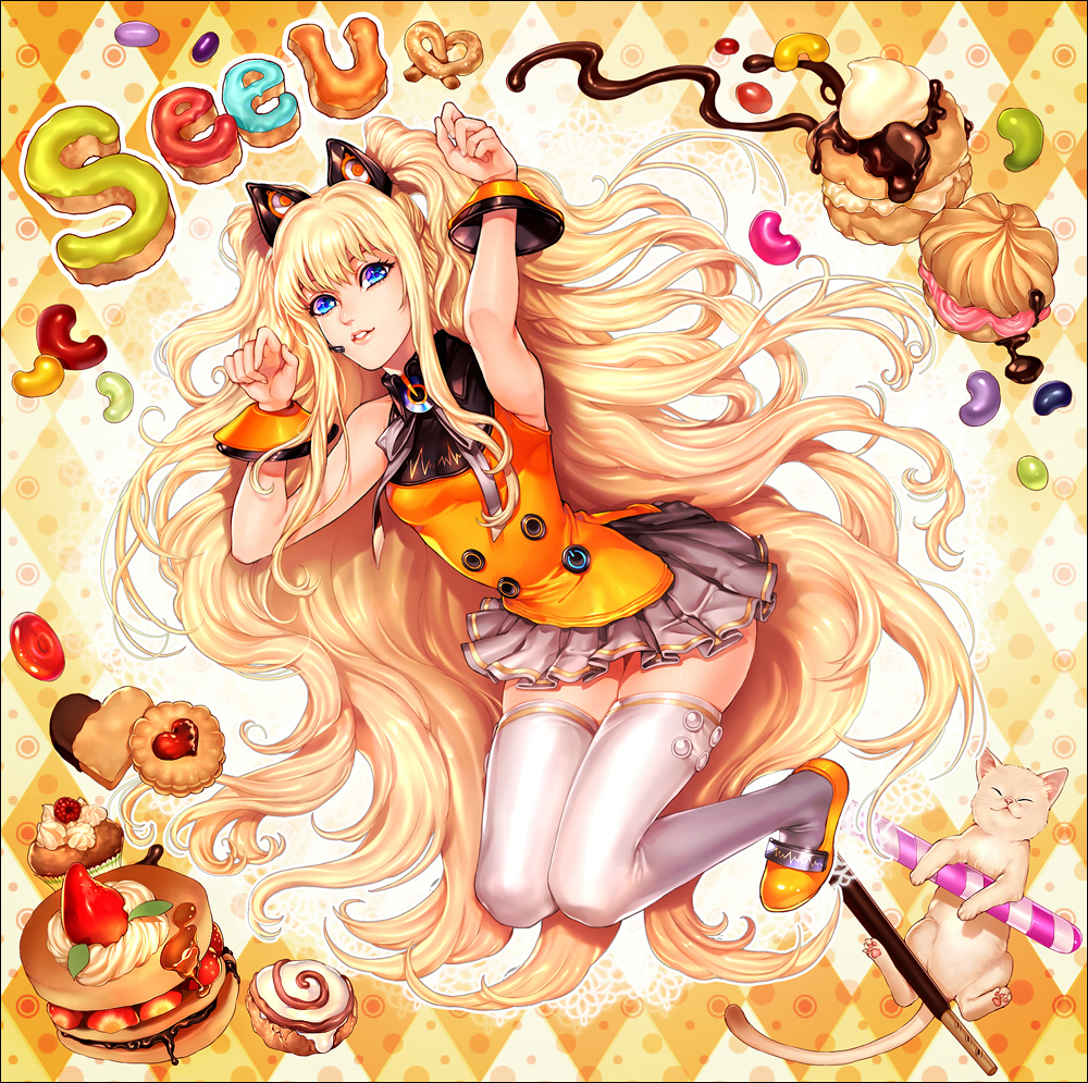 blonde_hair, blue_eyes, bow, bracelet, cake, candy, cat, cream_puff