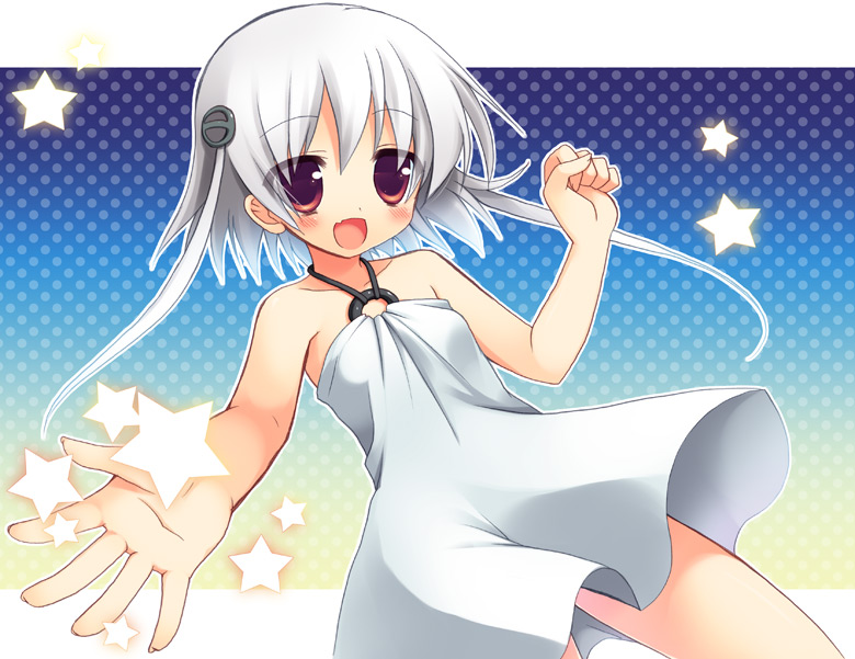 aries_(himawari), aries_(himawari_game), bare_shoulders, blush, dress, fang, flat_chest, grey_hair, hair_ornament, hands, himawari_(game), himawari_-pebble_in_the_sky-, letterboxed, loli, long_hair, o-ring_top, open_mouth, outstretched_arm, outstretched_hand, polka_dot, polka_dot_background, red_eyes, sazaki_ichiri, silver_hair, smile, solo, standing, star, sundress, twintails, white_hair