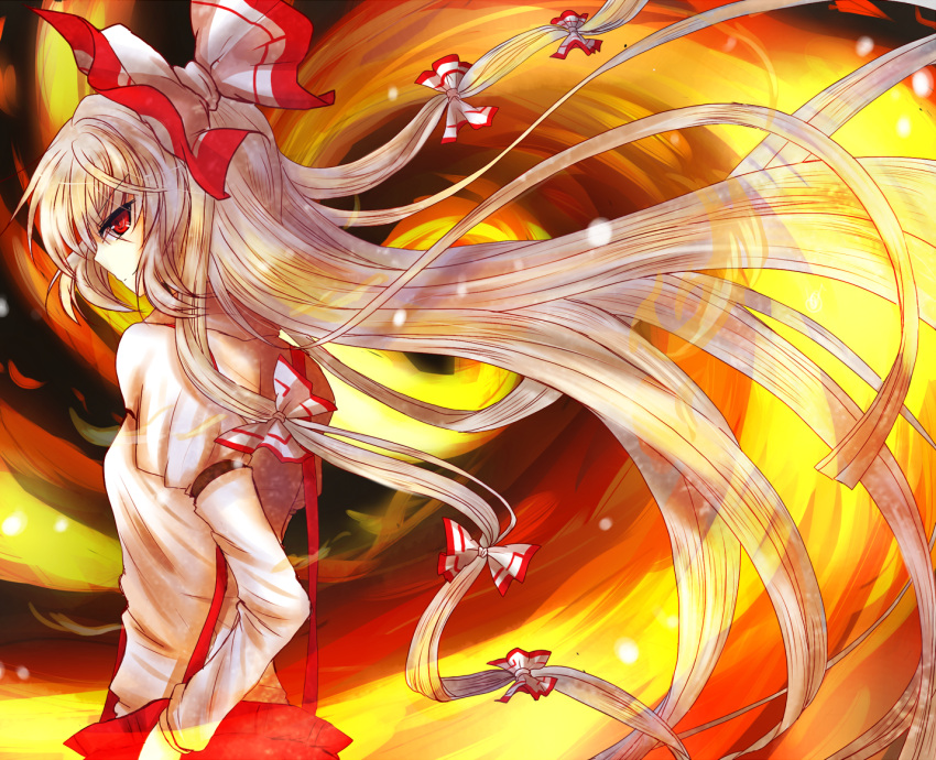 fire, floating_hair, fujiwara_no_mokou, long_hair, long_sleeves, pina710, profile, red_eyes