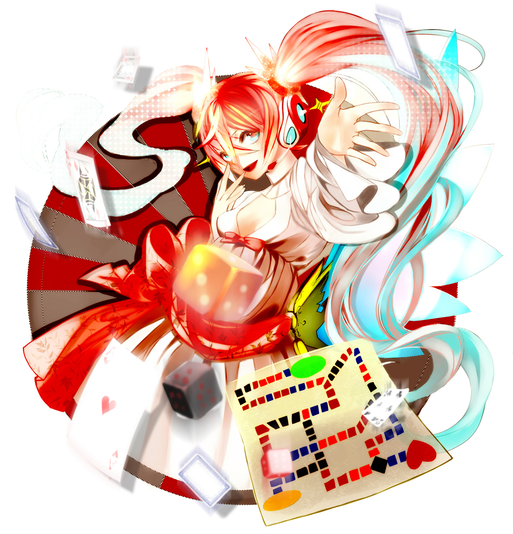 card, cards, dice, falling_card, gradient_hair, hatsune_miku, headphones, lento_(water)