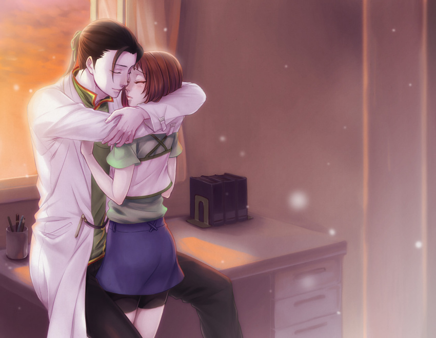 1girl, angela_(harvest_moon), black_hair, book, brown_hair, chinese_clothes, closed_eyes, couple