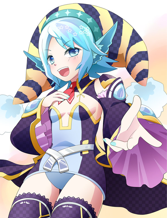 blue_eyes, blue_hair, detached_sleeves, happy, hat, leotard, open_mouth, outstretched_hand, phantasy_star, phantasy_star_portable_2, purple_legwear, riku_kanna, short_hair, smile, solo, star, thigh-highs, thighhighs