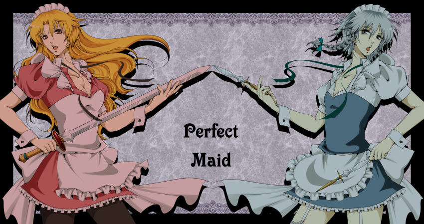 apron, black_legwear, blonde_hair, blue_eyes, braid, breasts, cleavage, dress