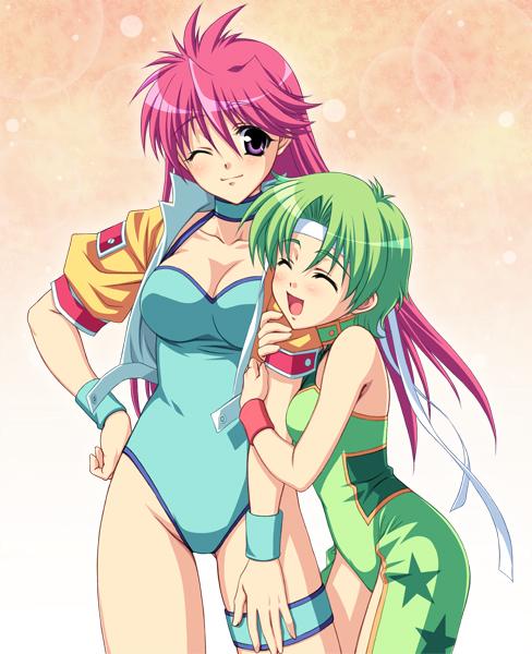 breasts, cleavage, closed_eyes, collar, eyes_closed, green_hair, headband, jacket