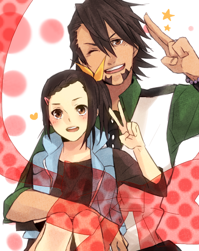 age_difference, braid, brown_eyes, brown_hair, facial_hair, father_and_daughter, hair_ornament, hairclip, jewelry, kaburagi_kaede, kaburagi_t_kotetsu, mmff06, necktie, short_hair, shorts, side_ponytail, stubble, tiger_&amp;_bunny, v, vest, waistcoat, watch, wink, wristwatch