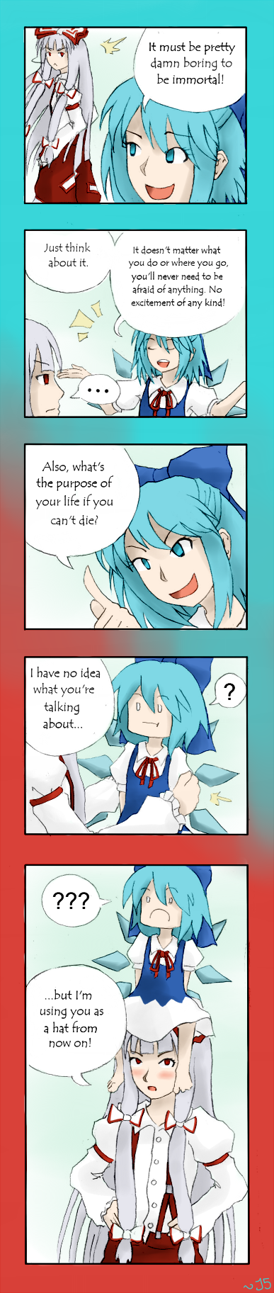 2girls, :<, :t, ?, blue_dress, blue_eyes, blue_hair, blush
